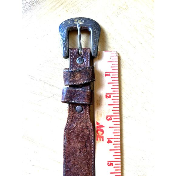 VTG 80s TOOLED LEATHER Western BELT L/XL Silver Buckle & Tip cowboy JUSTIN - Picture 7 of 16